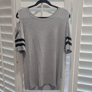 Gray Cold Shoulder Top with Black Stripes